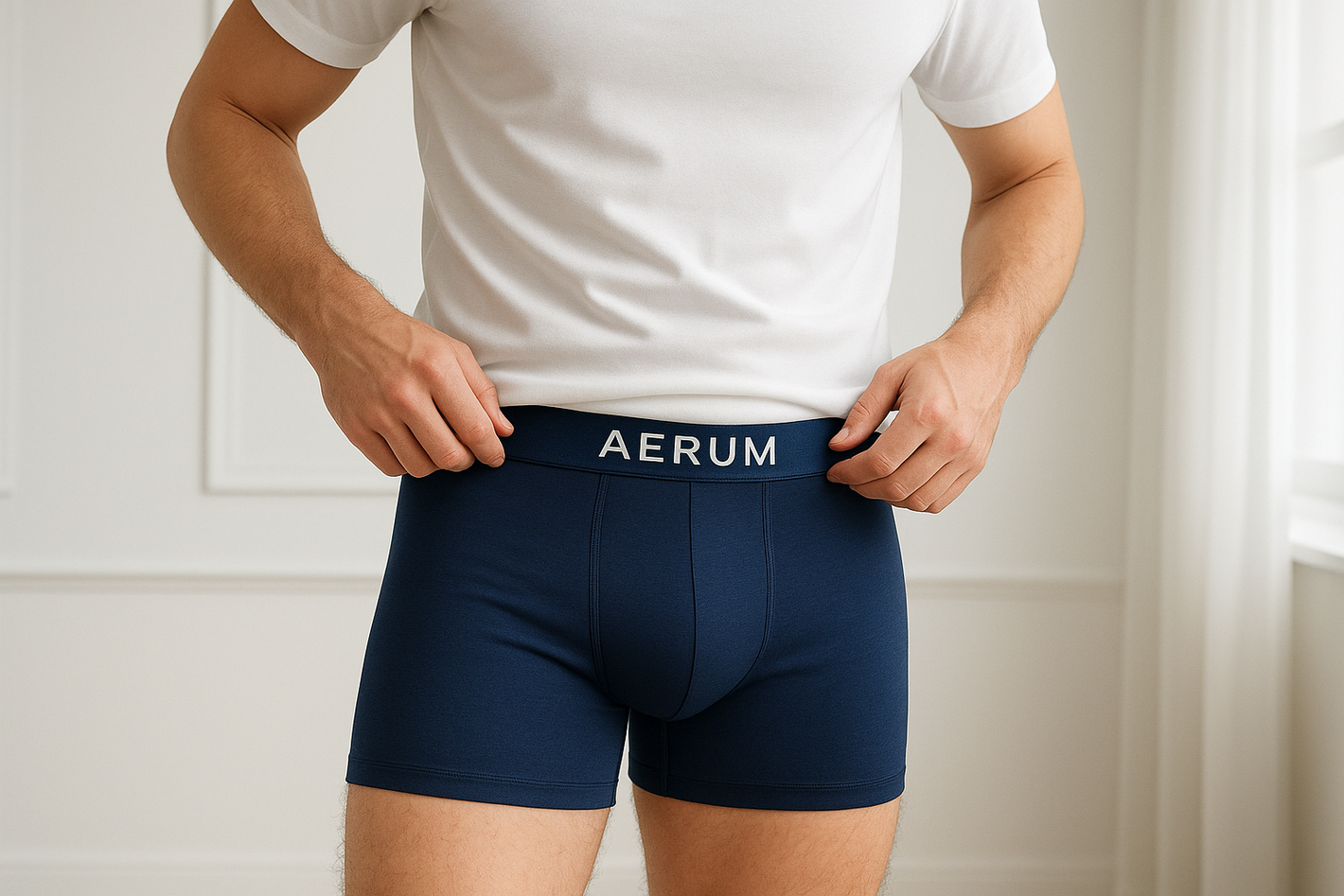 génère moi une image à partie de ceux Bloc  : Image = homme qui ajuste le boxer, ceinture visible
le boxer en fibre de bambou ,  S’adapte à toi. Pas l’inverse.

Coupe ajustée qui respecte chaque morphologie.
Ni trop serré, ni trop lâche. Juste bien. ( le tout en respectant la couleur de brand aerum le mettre en évidence)