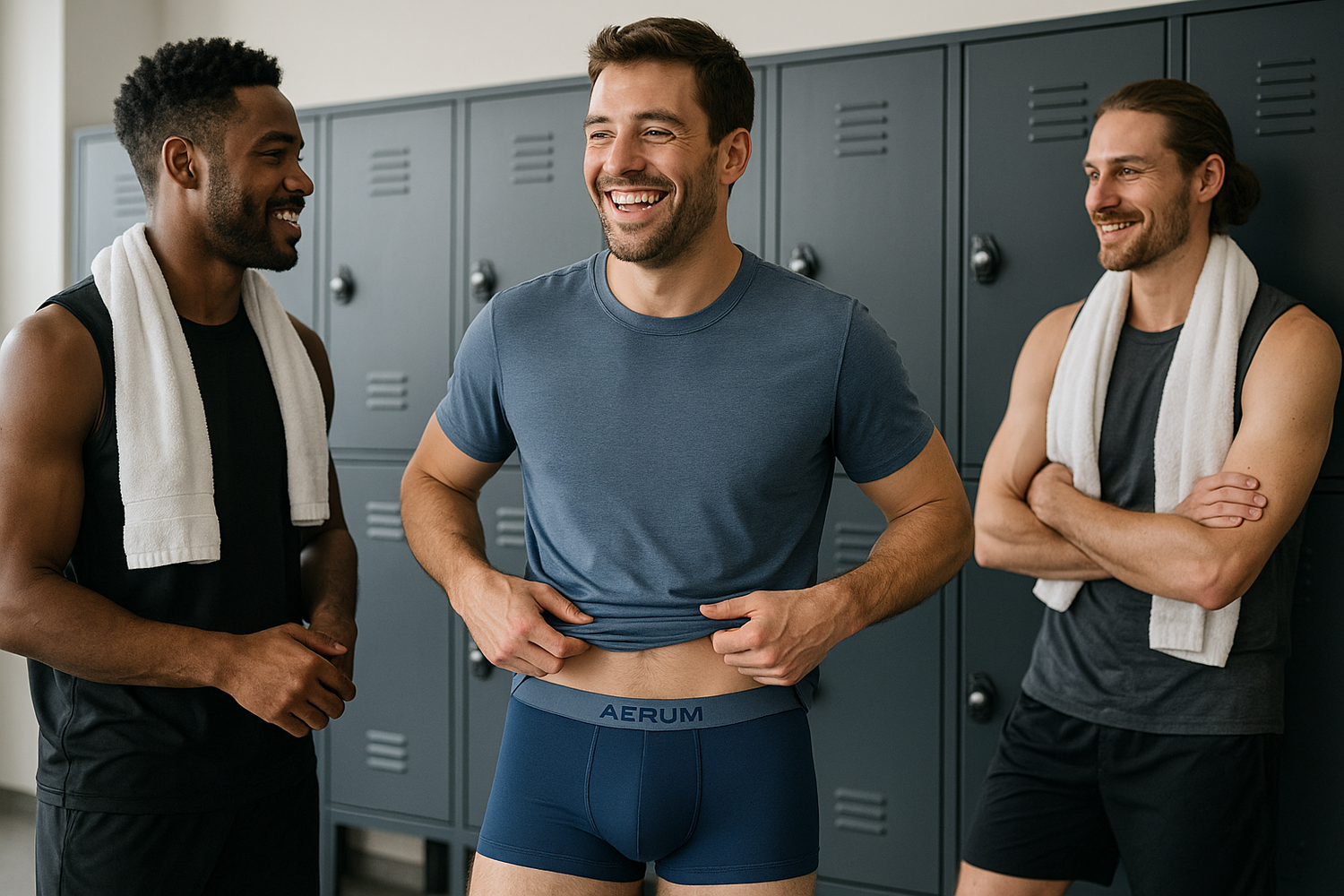 Photo en plan taille, 3 hommes actifs dans un vestiaire lumineux aux casiers gris anthracite.
Au centre, l’un d’eux (30 ans, allure sportive naturelle) rit en ajustant son t-shirt après l’entraînement, laissant apparaître légèrement le boxer AERUM.
Les deux autres échangent à côté, serviette sur l’épaule, comme après une session intense.
Éclairage naturel, contraste doux, couleurs neutres + touches bleues(#5f789a) pour rappeler la marque.

